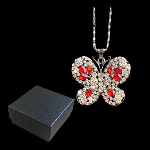 Silver Red Ruby Crystal Rhinestone Cubic Zirconia Gemstone Butterfly Necklace